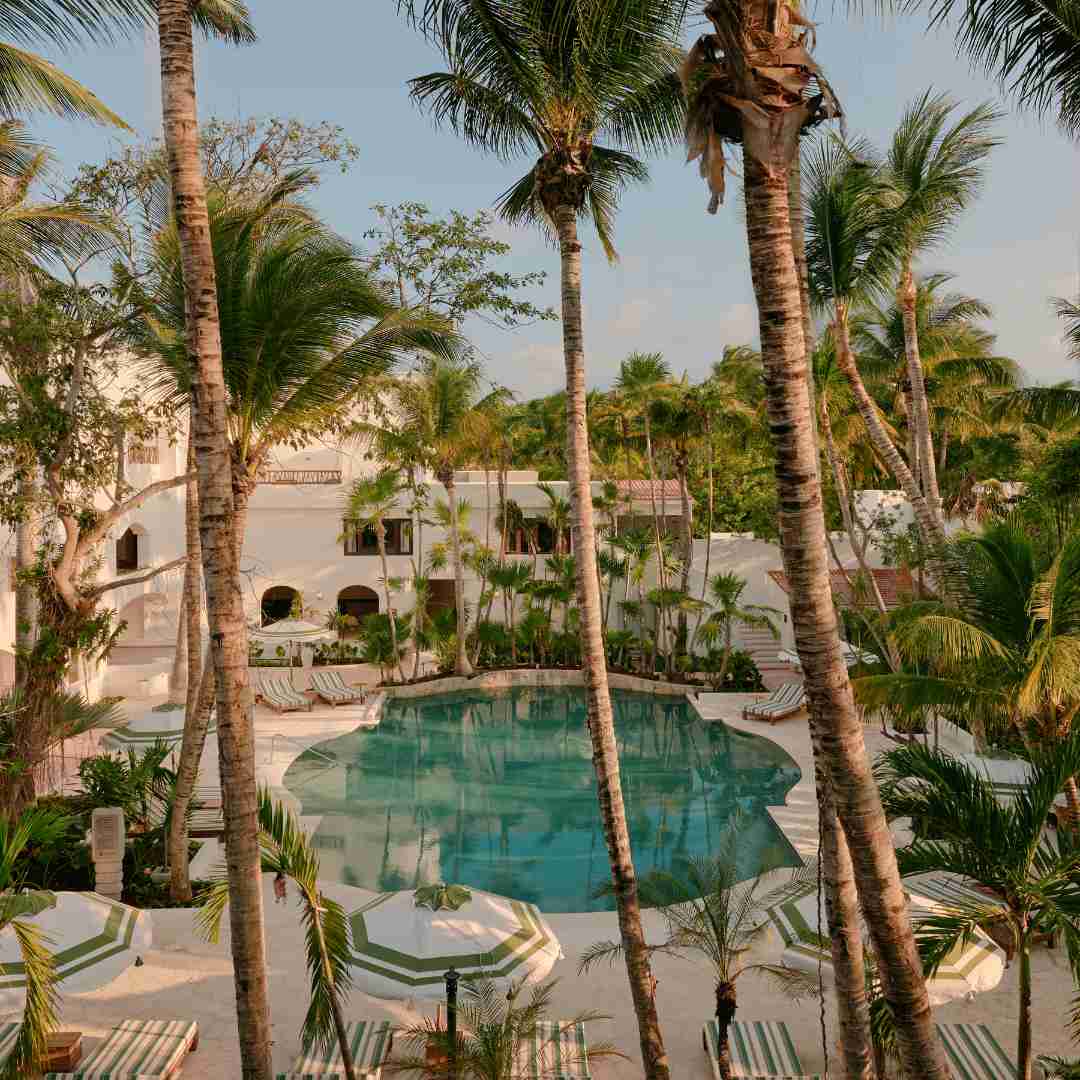 Peek through swaying palm trees to discover the inviting oasis of the Belmond Maroma Resort's pool in Cancun, Mexico. Sparkling turquoise waters glisten under the sun, surrounded by lush foliage.