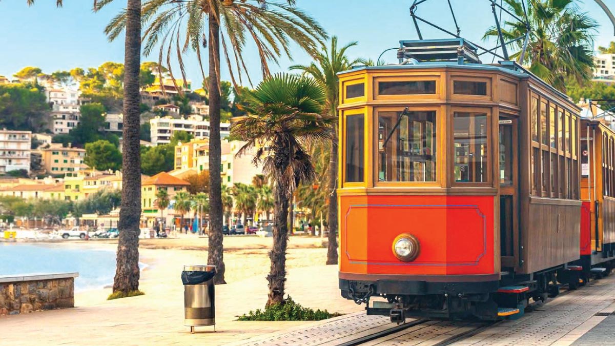 Old tram in Mallorca, Spain, enticing self-flying pilots with their own aircraft to embark on an exhilarating journey through Europe's cultural wonders and scenic landscapes.