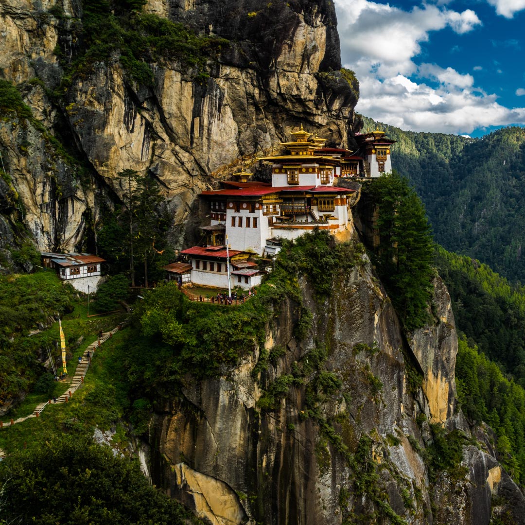 An awe-inspiring view of Tiger's Nest Monastery perched on a cliffside in Paro, Bhutan