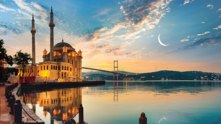 The Bosphorus strait with boats and historic landmarks.