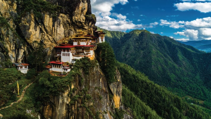 An awe-inspiring view of Tiger's Nest Monastery perched on a cliffside in Paro, Bhutan