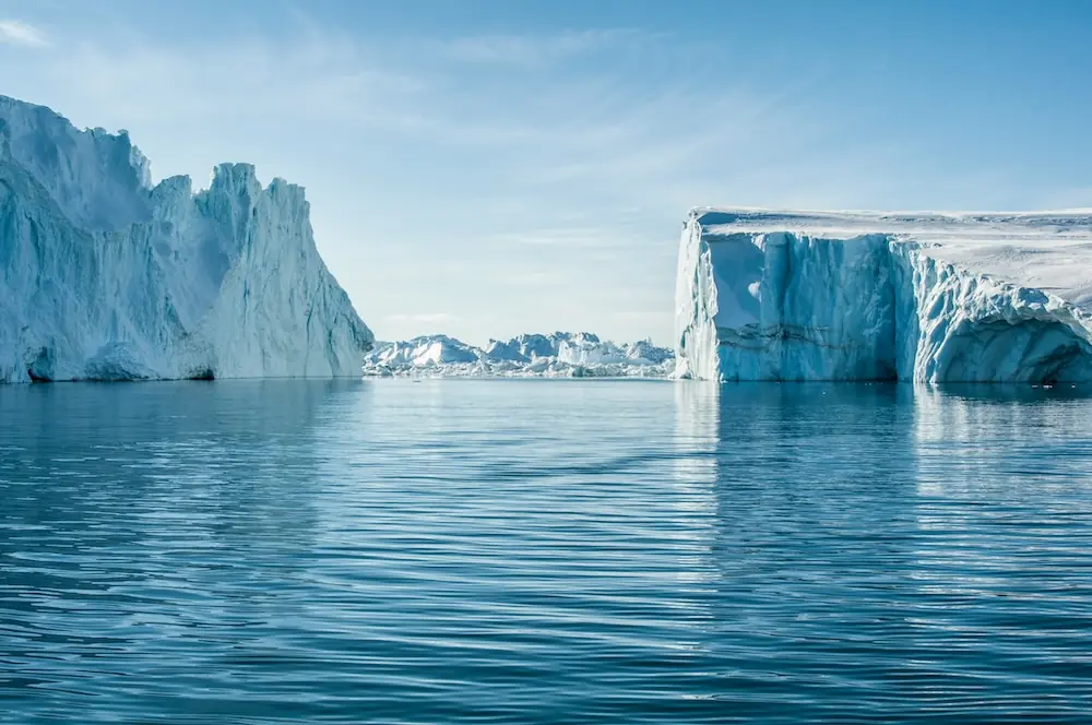 Large icebergs and floes in Ilulissat, Greenland, taken by pilots participating on a self-flying Journey with their airplanes.