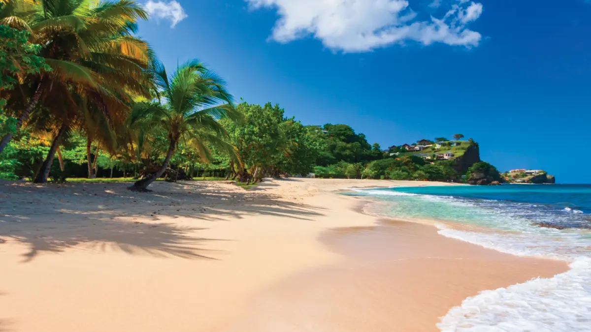 A picturesque view of the beach of St. Georges, Grenada, with golden sands and azure waters extending to the horizon. Tailored for self-flying pilots planning a Caribbean adventure